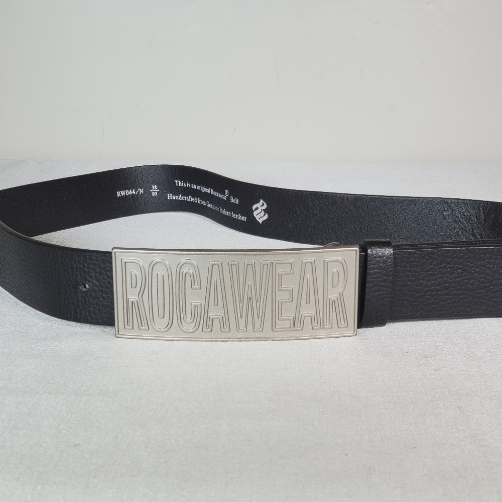 Vintage Rocawear Black Italian Leather Belt Spell Out Buckle RW044/N Size 38 Y2K